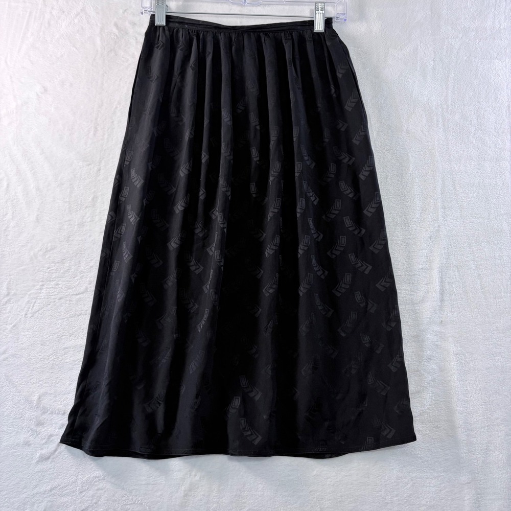 Black Silk Midi Skirt Womens Size 4 Jacquard Chevron Textured Elegant